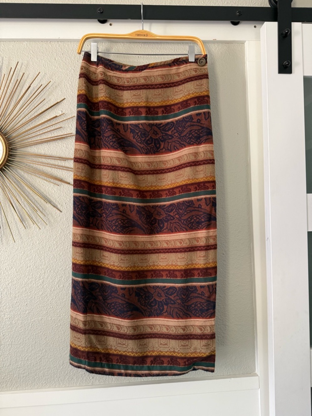 New York Style Striped Boho Pencil Skirt in Rust, Navy and Tan